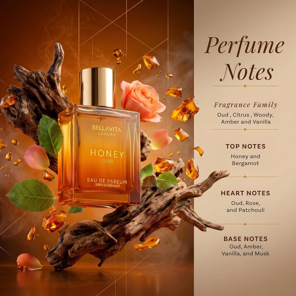 Bellavita Luxury Honey Oud Eau de Parfum | 100 ml (3.4 fl.oz.) | Perfume for Men and Women | Sweet Honey, Bergamot, Oud, and Amber Notes | Women's Day Special
